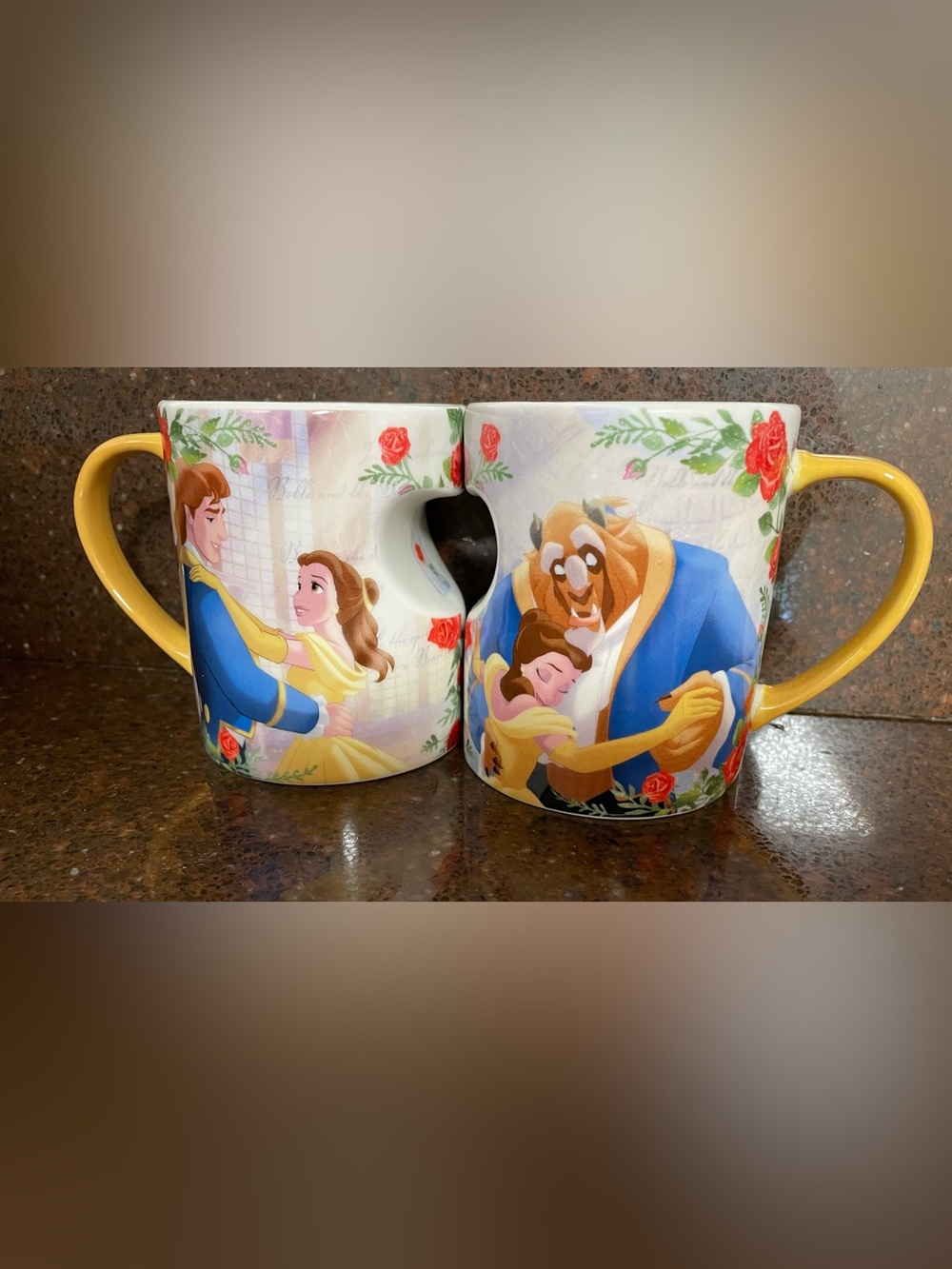 Disney Beauty and the Beast Couple Mug Set Together Forms a Heart NEW